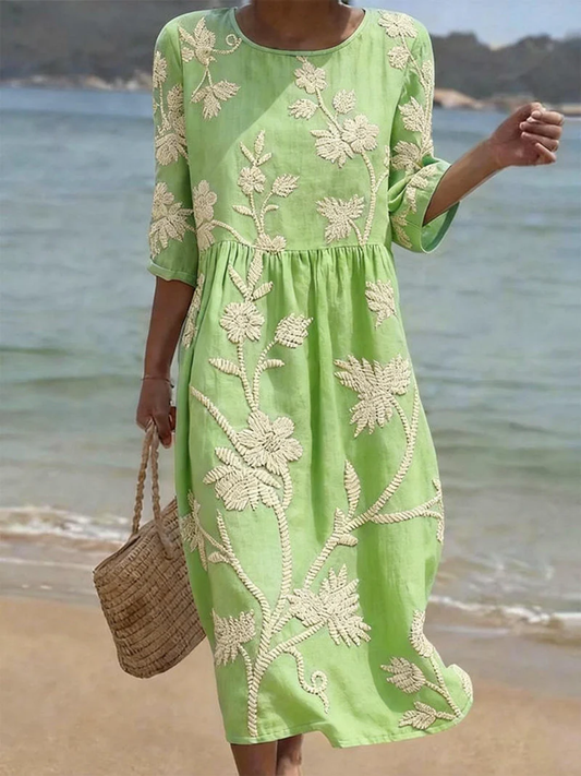Abito midi in lino cotone con ricami floreali